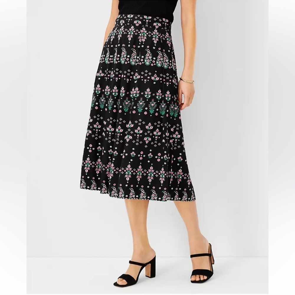 Ann Taylor Black A-Line Midi Skirt with Pink & Green Floral Print